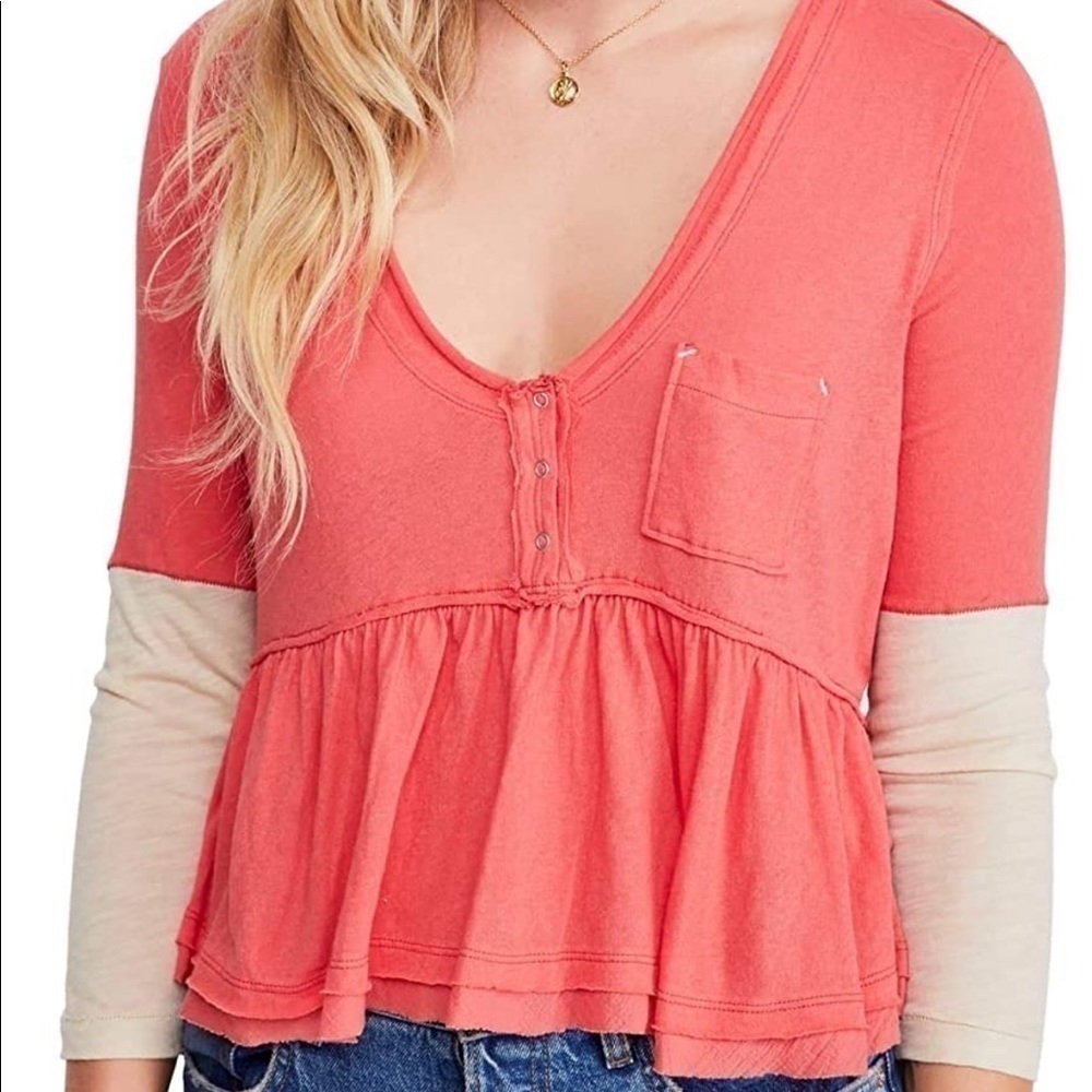 Free People NWT Heart of Mine Colorblock 3/4 Sleeve Top Camelia Combo Size XS